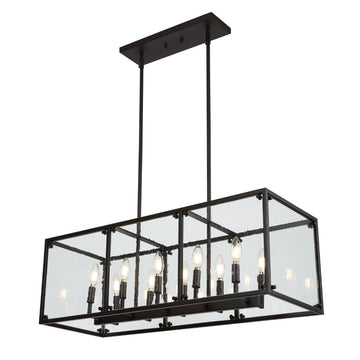 Paysan 35" Linear Adjustable Iron/Seeded Glass Rustic Farmhouse LED Pendant - JONATHAN Y